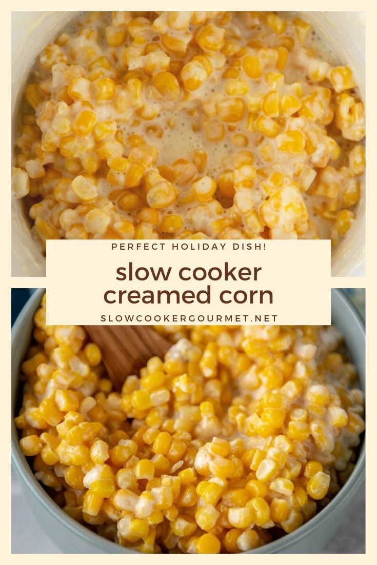 a bowl filled with cooked corn and the words slow cooker cremed corn