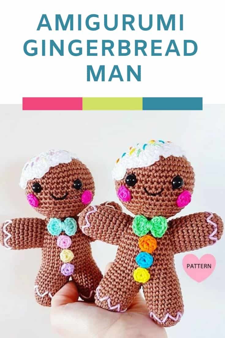 two crocheted gingerbread men are shown in front of a white background with the text, amigurmi gingerbread man