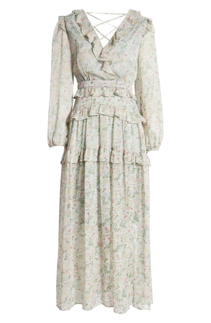 Be the source of romance in the air with a prairie-inspired maxi decked with ruffles, dappled with wildflowers and laced-up, alluringly, at the back. 55" length (size Medium) Hidden back-zip closure V-neck Long sleeves Partially lined 100% polyester Dry clean Imported Spring Cottagecore Maxi Dress With Ruffles, Cottagecore Ruffled Maxi Dress, Bohemian Prairie Dress With Ruffles For Garden Party, Spring Prairie Dress With Ruffles For Garden Party, Elegant Spring Prairie Dress With Ruffles, Spring Pastoral Prairie Dress With Ruffles, Pastoral Prairie Dress With Ruffles For Spring, Feminine Prairie Dress With Ruffles For Garden Party, White Prairie Dress With Ruffles For Spring