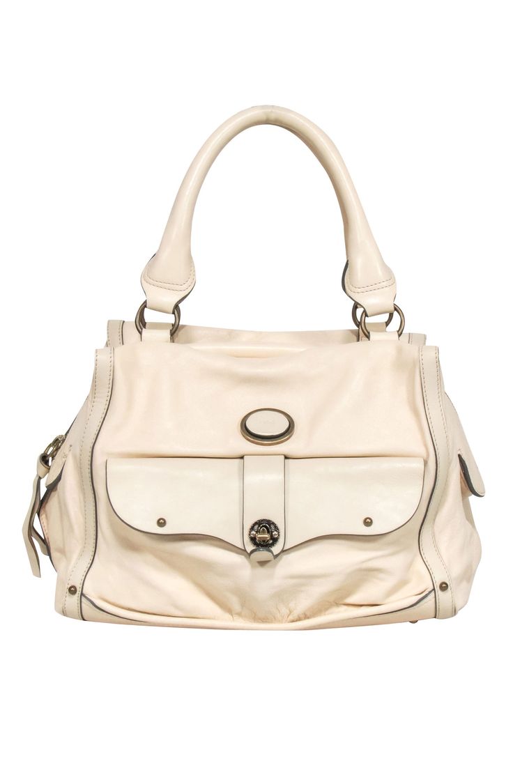 Current Boutique-Chloe - Ivory Leather Large Shoulder Bag Cream Satchel Shoulder Bag For Work, Cream Leather Shoulder Bag For Work, Formal Cream Shoulder Bag With Palladium Hardware, Cream Double Handle Shoulder Bag For Work, Cream Shoulder Bag With Detachable Strap For Work, Luxury White Shoulder Bag For Work, Chic Cream Bags With Metal Hardware, Luxury Cream Shoulder Bag For Work, Classic Cream Satchel For Work