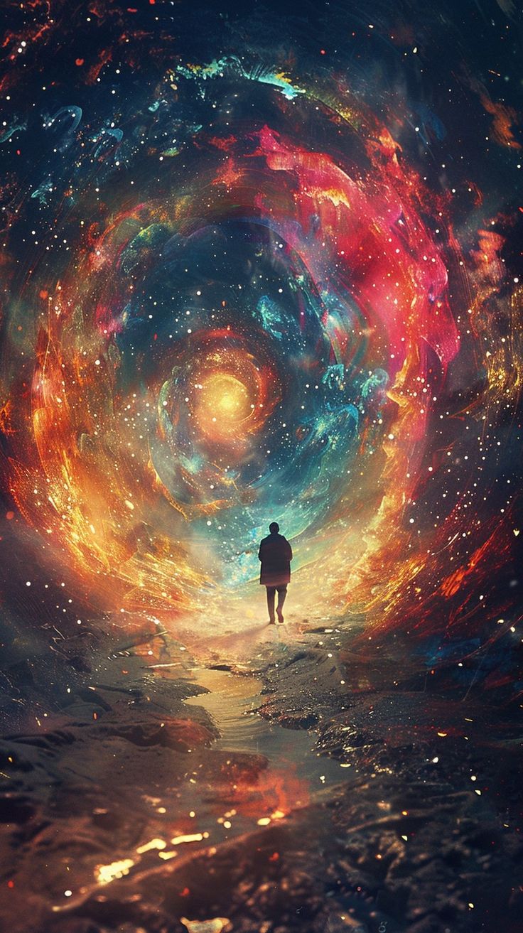 a man standing in the middle of a colorful spiral with stars and planets around him