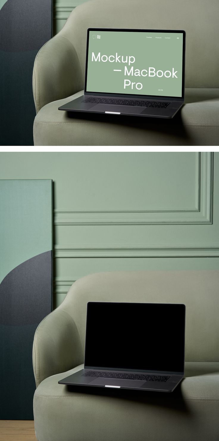 two photographs of a laptop sitting on a couch in front of a green wall with the words mottun macbook pro written on it