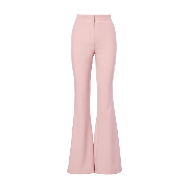 Pastel Pink High-Waisted Flared Trousers Chic Wide Leg Party Flares, Elegant Wide-leg Flares For Party, Elegant Wide-leg Party Flares, Elegant Party Flares, Pink High Waist Bottoms For Evening, High Waist Pink Bottoms For Evening, High Waist Pink Evening Bottoms, Elegant High-waisted Flare Pants For Spring, Chic Spring Flares