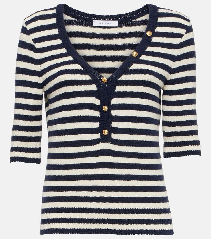 Striped cotton-blend jersey top in blue - Frame | Mytheresa Fitted Striped Cotton Knit Top, Chic Viscose Crew Neck Top, Classic Elastane Tops For Spring, Casual Fitted Viscose Top, Classic Tops For Spring, Chic Striped Cotton T-shirt, Striped Fine Knit Tops, White Cotton V-neck Knit Top, Fitted Cotton Knit Top