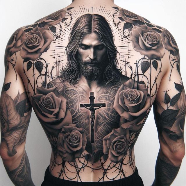 a man with tattoos on his back has roses and a cross in front of him