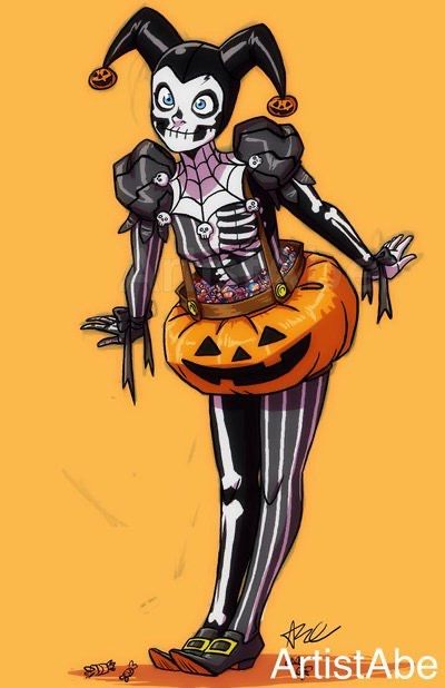 a drawing of a woman dressed as a skeleton holding a jack - o - lantern