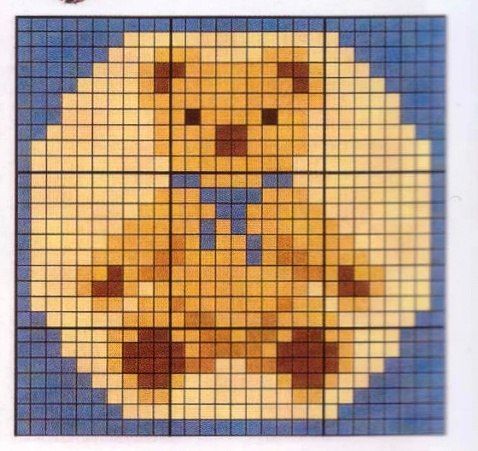 a cross stitch pattern with a teddy bear on the front and back side, in blue and yellow colors