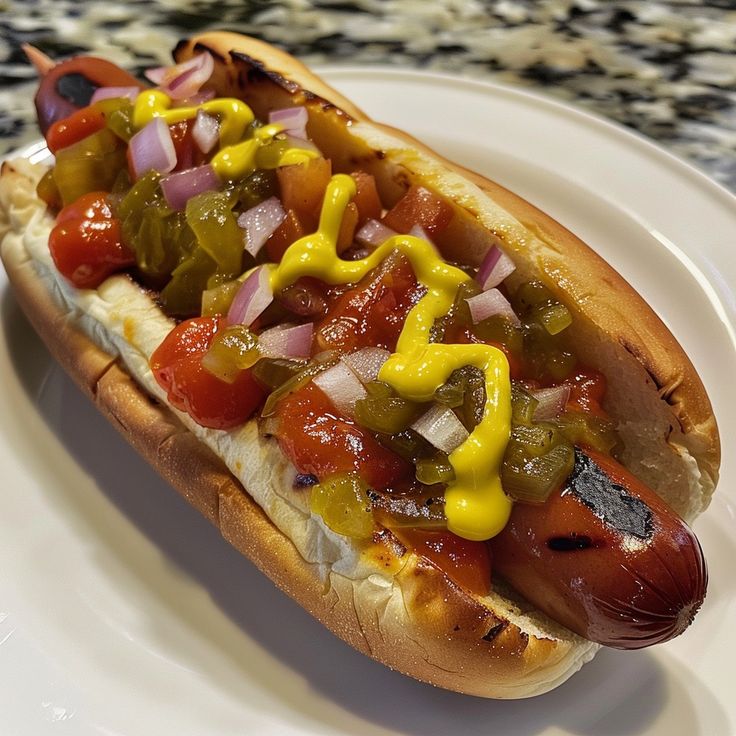 a hot dog on a bun with toppings and ketchup is sitting on a plate