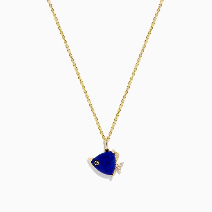 Seaside 14K Yellow Gold Lapis and Diamond Fish Pendant Elegant Fish-shaped Formal Jewelry, Elegant Yellow Gold Fish Shaped Necklace, Elegant 14k Gold Fish-shaped Jewelry, Fish Pendant, Effy Jewelry, Gold Yellow, Black Diamond, Round Diamonds, Yellow Gold