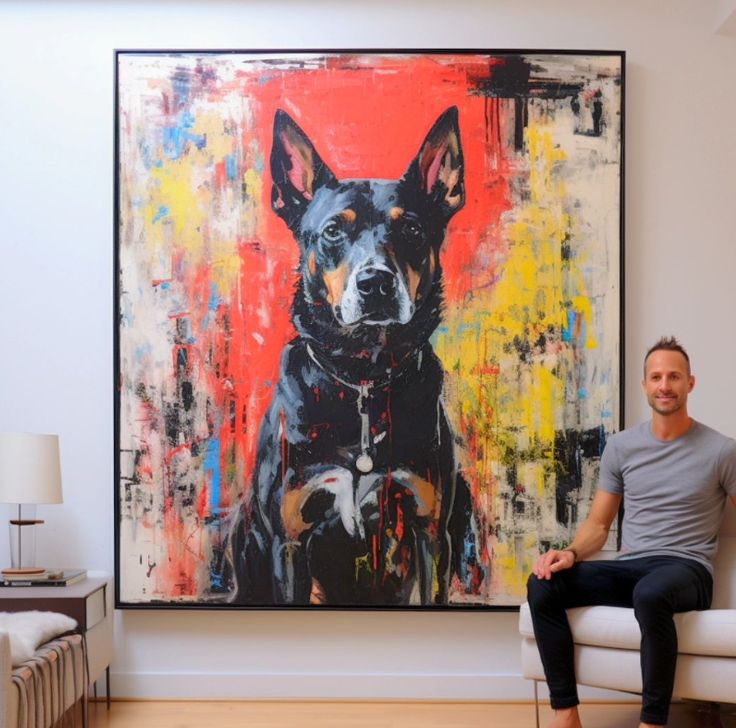 a man sitting on a white couch in front of a large art piece with a dog