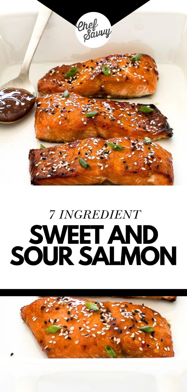 sweet and sour salmon on a white plate with dipping sauce