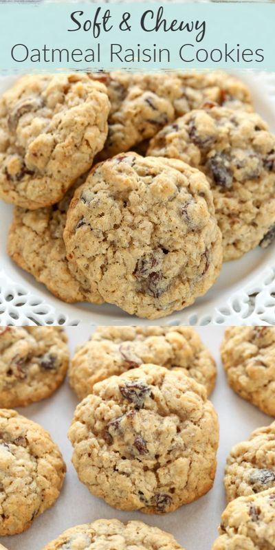 soft and chewy oatmeal raisin cookies on a white platter