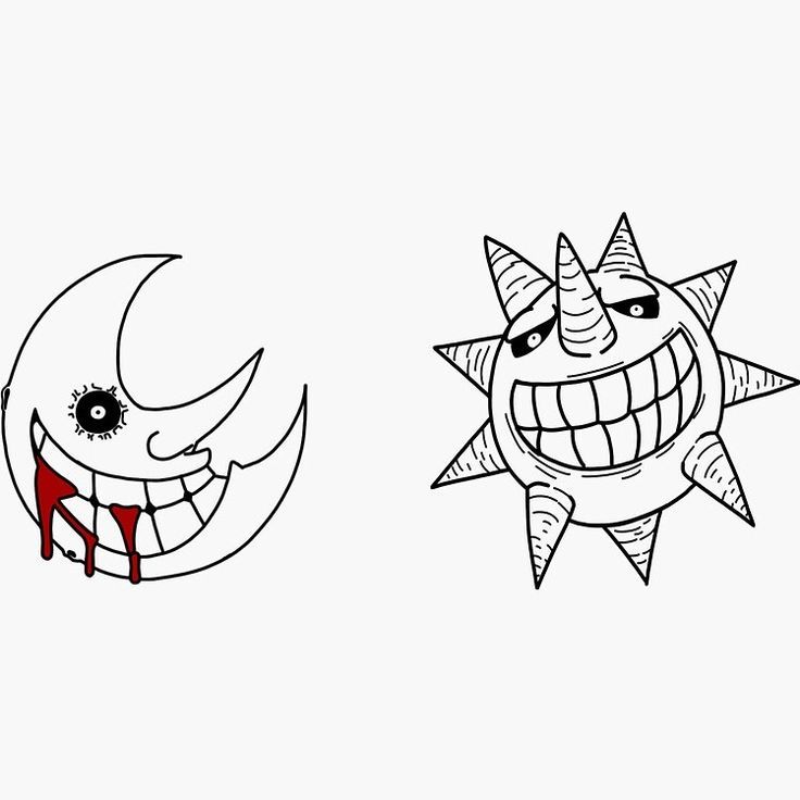 two cartoon sun and moon faces with blood dripping from their mouths, one on the other side