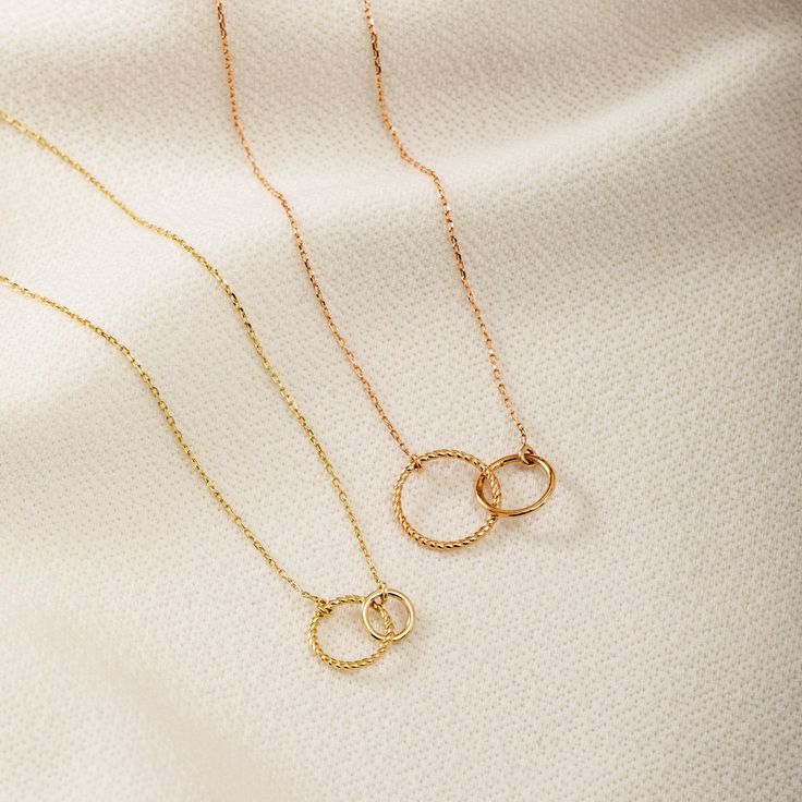 14K 18K Solid Gold Eternity Circle Necklace, Dainty Double Open Circle Necklace, Two Interlocking Circles Entwined Rings Infinity Layering Necklace Anniversary Gift, ► Adding a customized tiny bar at clasp may be a good idea: https://etsy.me/3cn9OQ5 Material: Solid Gold (no gold filled or gold plated) Available gold karat: 14K (585), 18K (750) Available gold color: Yellow, rose, white Chain width: 0.84mm Available charm size: Small Charm Necklace: small * Twisted ring diameter: 9.0mm * Plain rin Elegant Rings With Delicate Chain For Gift, 14k Gold Jewelry With A Modern Twist For Gift, Infinity Cable Chain Jewelry Gift, Round Cable Chain Wedding Jewelry, Modern Twist 14k Gold Jewelry Gift, Modern Twist 14k Gold Jewelry As Gift, Modern Twist Yellow Gold Jewelry As Gift, Delicate Infinity Chain Wedding Jewelry, Modern Gift Jewelry With Delicate Chain