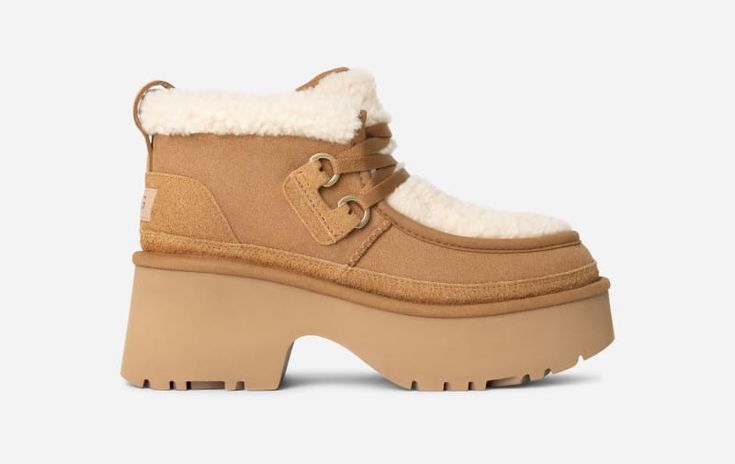 This is *the* perfect city shoe for you. Just hear us out. The curly sheepskin and UGG®plush lining provide comfort, while its lace-up and platform silhouette add height to your everyday style. | Suede, 10mm curly sheepskin upper. 17mm curly UGG®plush 60% upcycled wool, 40% TENCEL Lyocell vamp lining. 17mm UGG®plush 60% upcycled wool, 40% TENCEL Lyocell sockliner. Foam footbed. Sugarcane EVA outsole. Textile binding made from 100% recycled polyester fibers. 2.75 inch platform height. Nubuck heel Ugg Classic, Classic Boots, Real Fur, Boots For Sale, Womens Uggs, Chestnut, Everyday Fashion, Womens Boots, Slippers