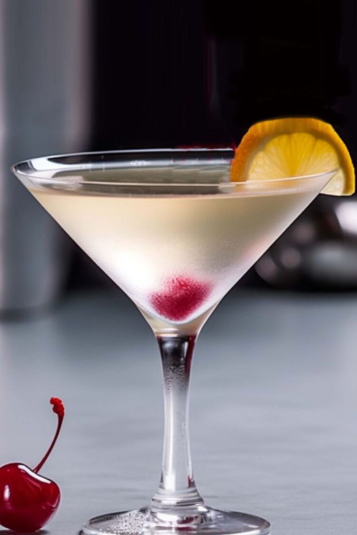 a martini with a cherry garnish on the rim