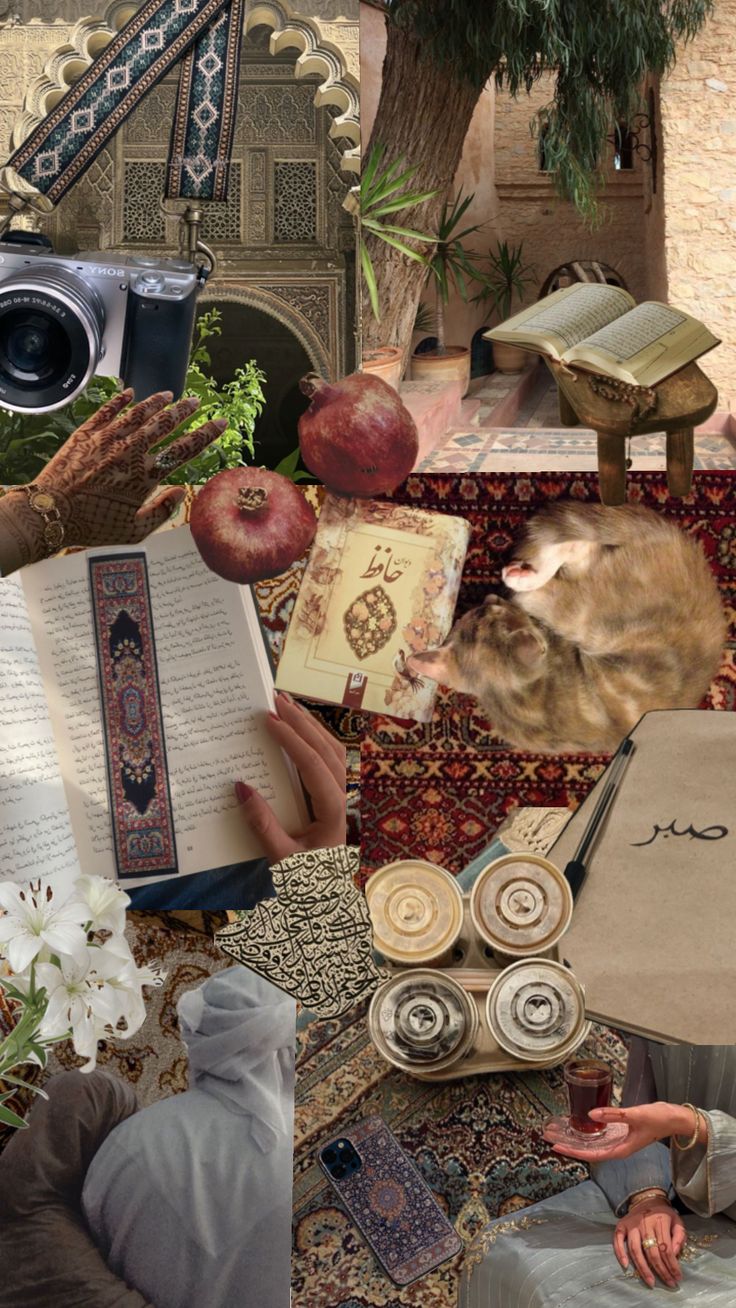 a collage of images with books, flowers and other things in them including an open book