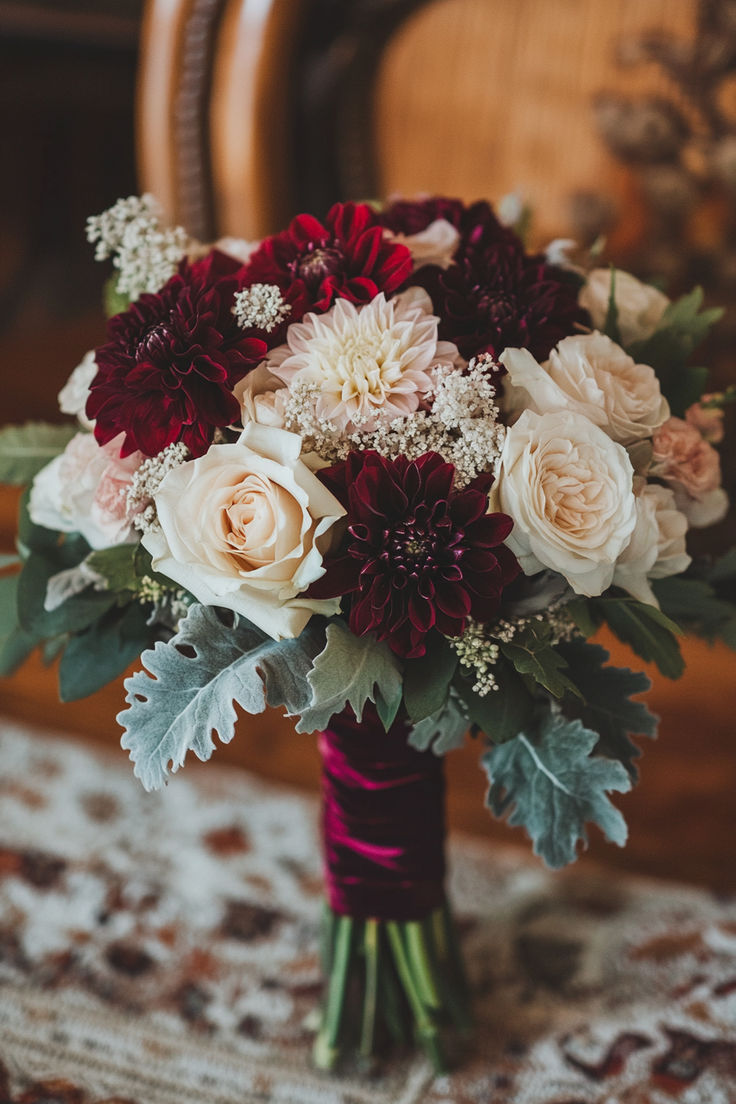 a bouquet of flowers sitting on top of a table in front of a wooden chair