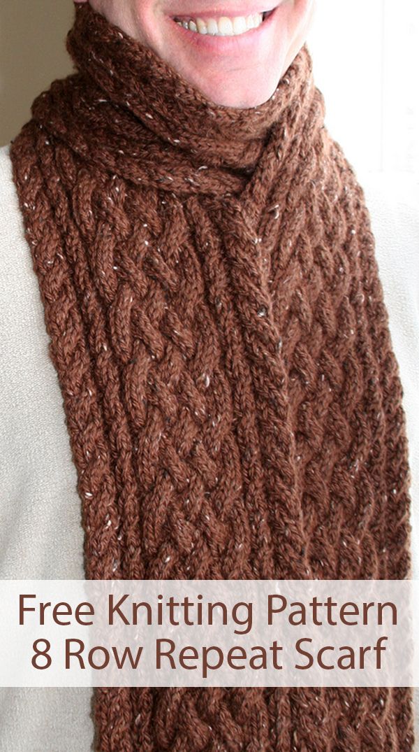 a woman wearing a knitted scarf with the text free knitting pattern 8 row repeat scarf