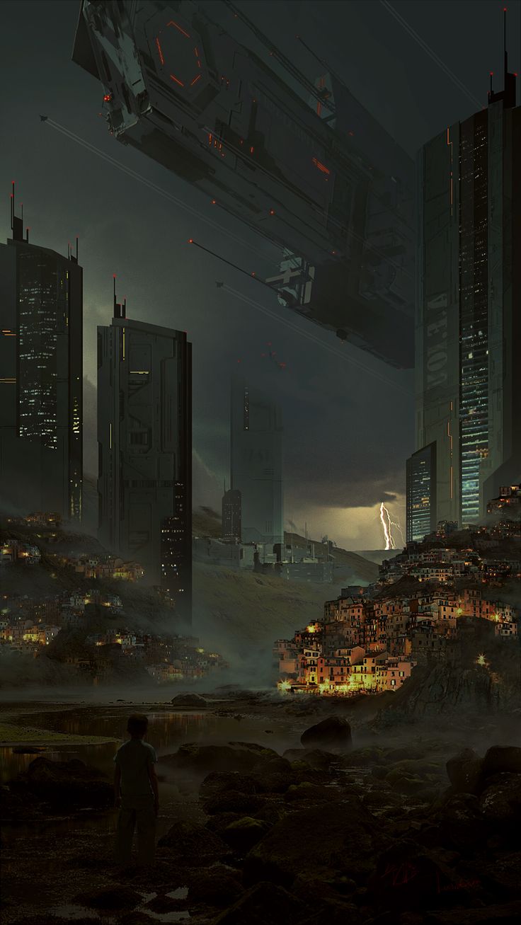 a sci - fi city at night with lightning in the sky