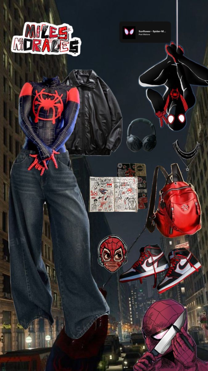 Spiderman / spiderman outfit inspo / outfit inspired by spiderman / spiderman suit with jeans / Miles morales outfit inspo Girl Spider-man Costume, Spidergwen Halloween Costume, Duo Halloween Costumes Spiderman, Spider Man And Batman Costume, Spider Man Hairstyles, Spiderman Costume Miles Morales, Spiderman Pajamas Aesthetic, Spider Man Miles Morales Aesthetic, Spider Man Cosplay Girl