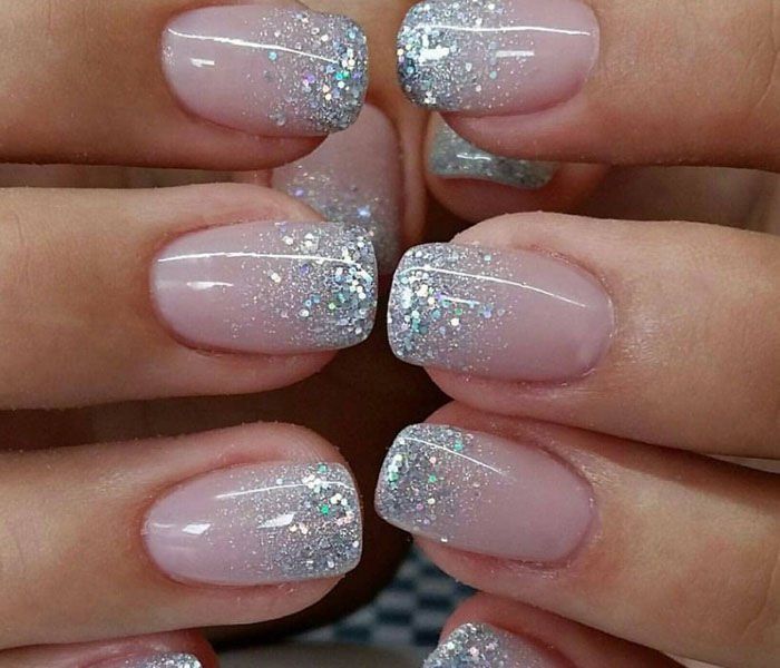 Ombre Glitter short nails design Shellac French Manicure With Glitter, French Tips Nails Glitter, Anc French Manicure, Sparkling Ombre Nails, Mail Designs With Glitter, White Nails With Silver Glitter Tips, Glitter Nail French, New Years French Manicure, Glitter Nails Holiday