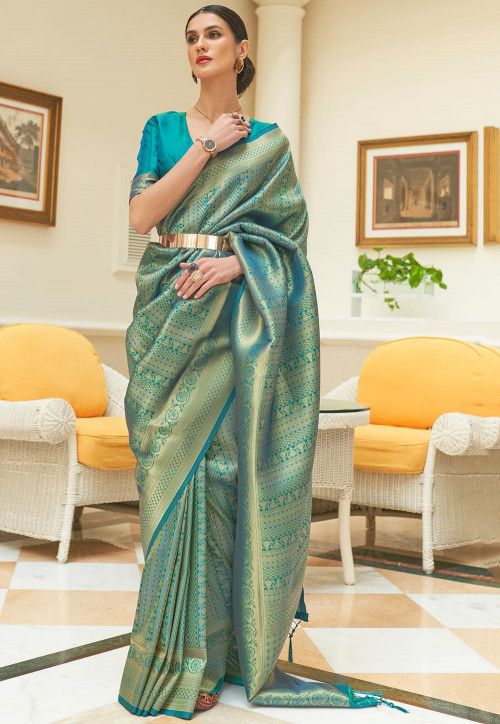 Woven Art Silk Saree in Teal Blue Green And Blue Saree, Red Sequin Saree, Saree Blue, Vs Image, Formal Saree, Blue Silk Saree, Purple Weave, Engagement Look, Kanjivaram Sarees Silk