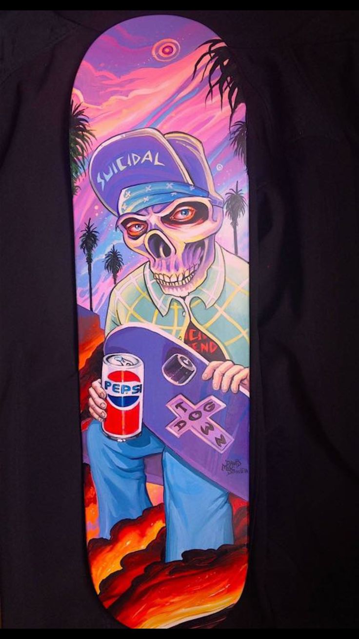 a man holding a beer and a skateboard with a skeleton on it's side