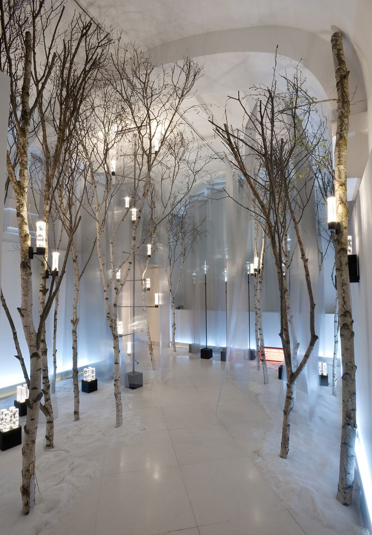 the interior of an art gallery with trees and lights on either side of the room