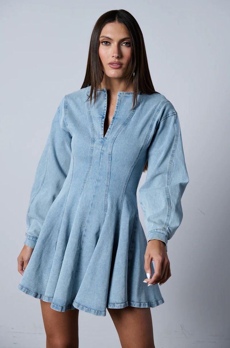 ALL ABOUT MY BUSINESS DENIM MINI DRESS – AKIRA Denim Dress Winter, All Denim Outfits, Light Denim Dress, Latest Winter Fashion, Long Sleeve Denim Dress, Conservative Outfits, Nashville Outfits, Denim Mini Dress, My Business