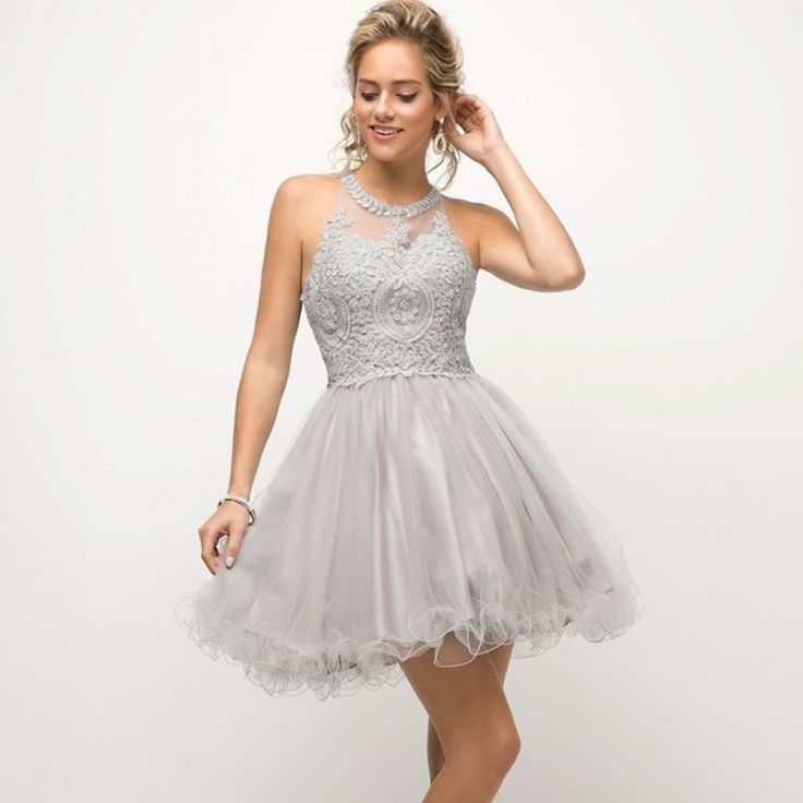 Short Layered Cocktail Dress In Silver Gray Prom Dress With Fitted Bodice, Elegant Homecoming Lace Dress With Fitted Bodice, Elegant Fit And Flare Homecoming Mini Dress, Elegant Fit And Flare Mini Dress For Homecoming, Spring Homecoming Midi Dress, Summer Wedding Gray Dresses, Elegant Homecoming Dress For Spring, Elegant Midi Dress With Fitted Bodice For Homecoming, Elegant Spring Homecoming Lace Dress