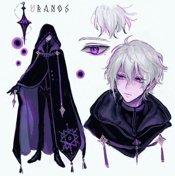 an anime character with white hair and purple eyes, wearing a black cloak over his head