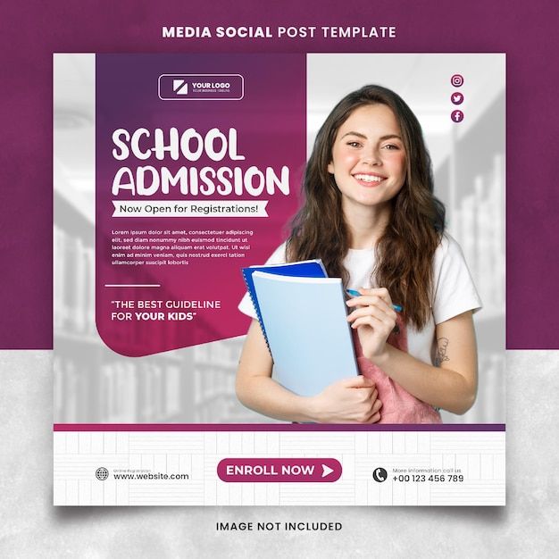 a purple and white school ad with a girl holding a binder in her hand