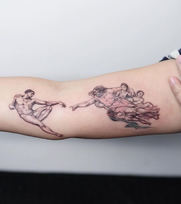 a woman's arm with three different tattoos on it