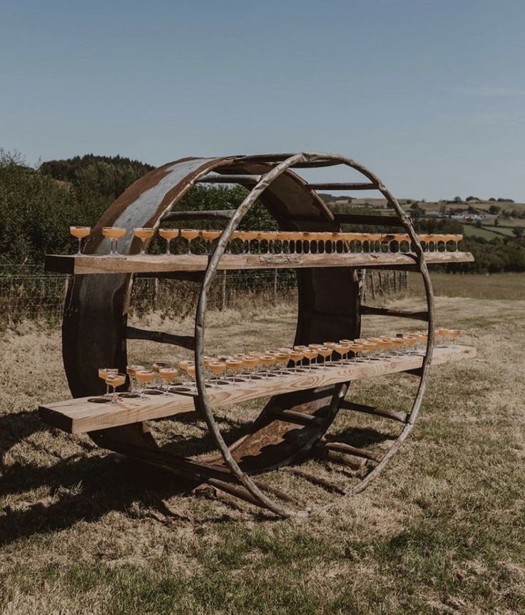 a large metal object sitting on top of a grass covered field next to a wooden bench