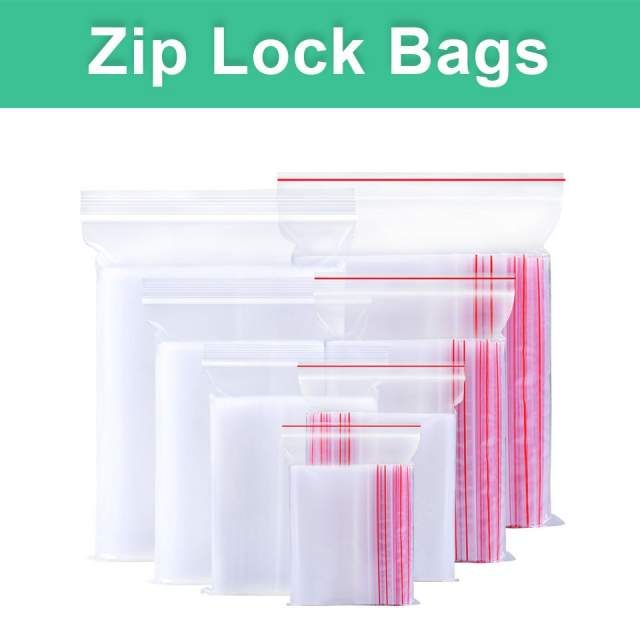 six ziplock bags with red and white stripes on them, all lined up in different sizes