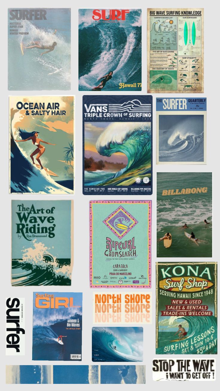 many different types of posters are shown together in this collage with the words surf on them