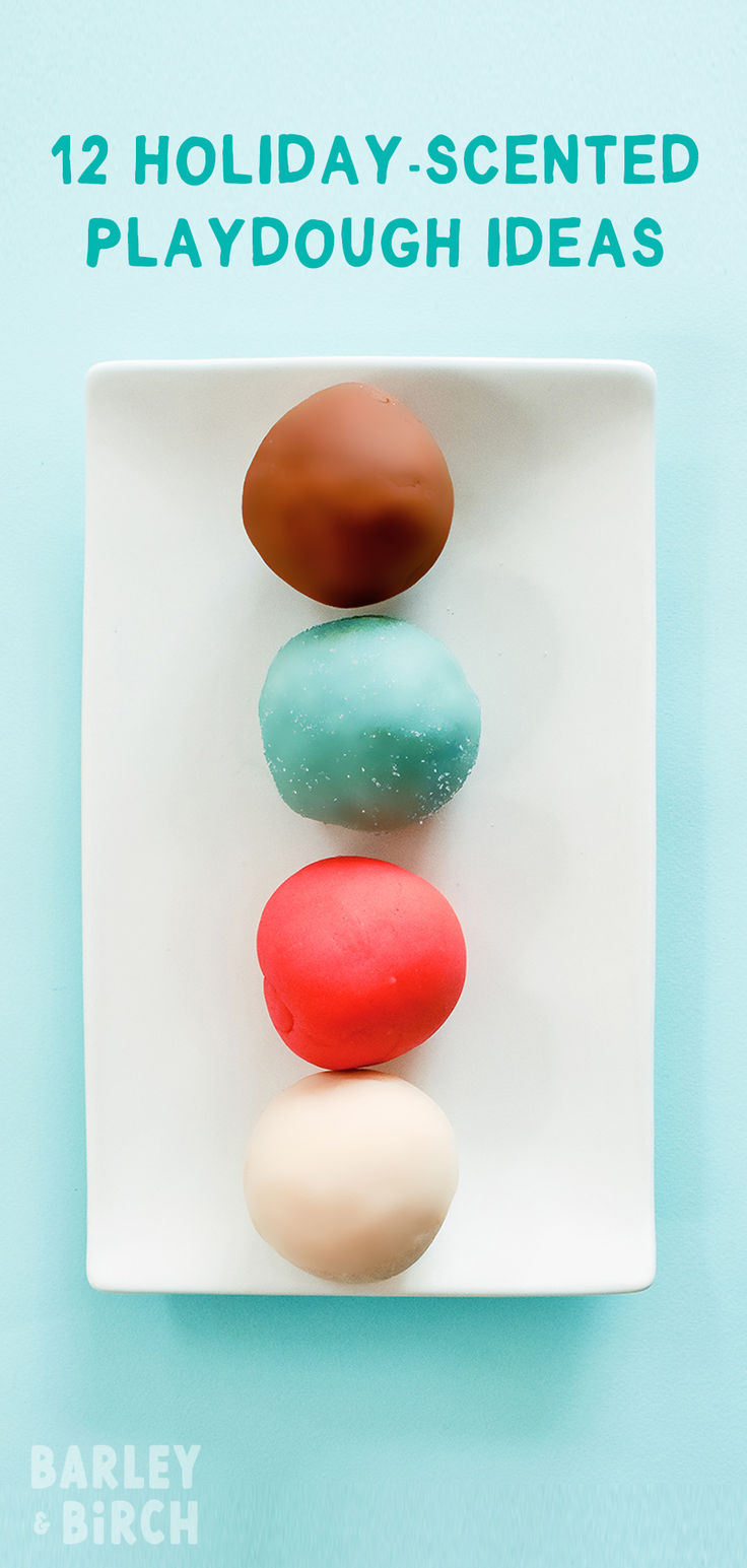 Four balls of DIY holiday-scented playdough sitting on a play tray ready for winter, Christmas, or holiday sensory play Holiday Scented Playdough, Winter Scented Playdough, Christmas Dessert Crafts For Kids, Holiday Playdough Recipe, Hot Cocoa Playdough Recipe, Diy Gingerbread Playdough, Christmas Play Dough Ideas, Christmas Play Dough Recipe, Gingerbread Play Dough Recipe