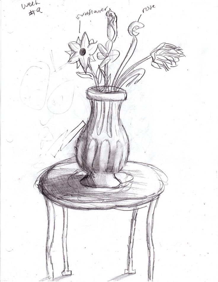 a drawing of flowers in a vase on a table