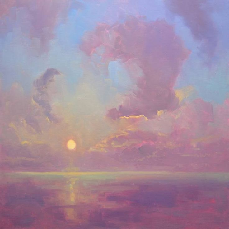 an oil painting of the sun setting over water with clouds in the sky above it