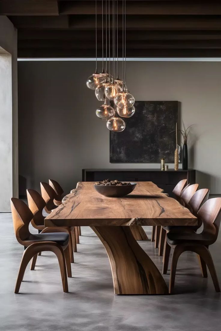 a dining room table with chairs and a chandelier hanging from it's ceiling