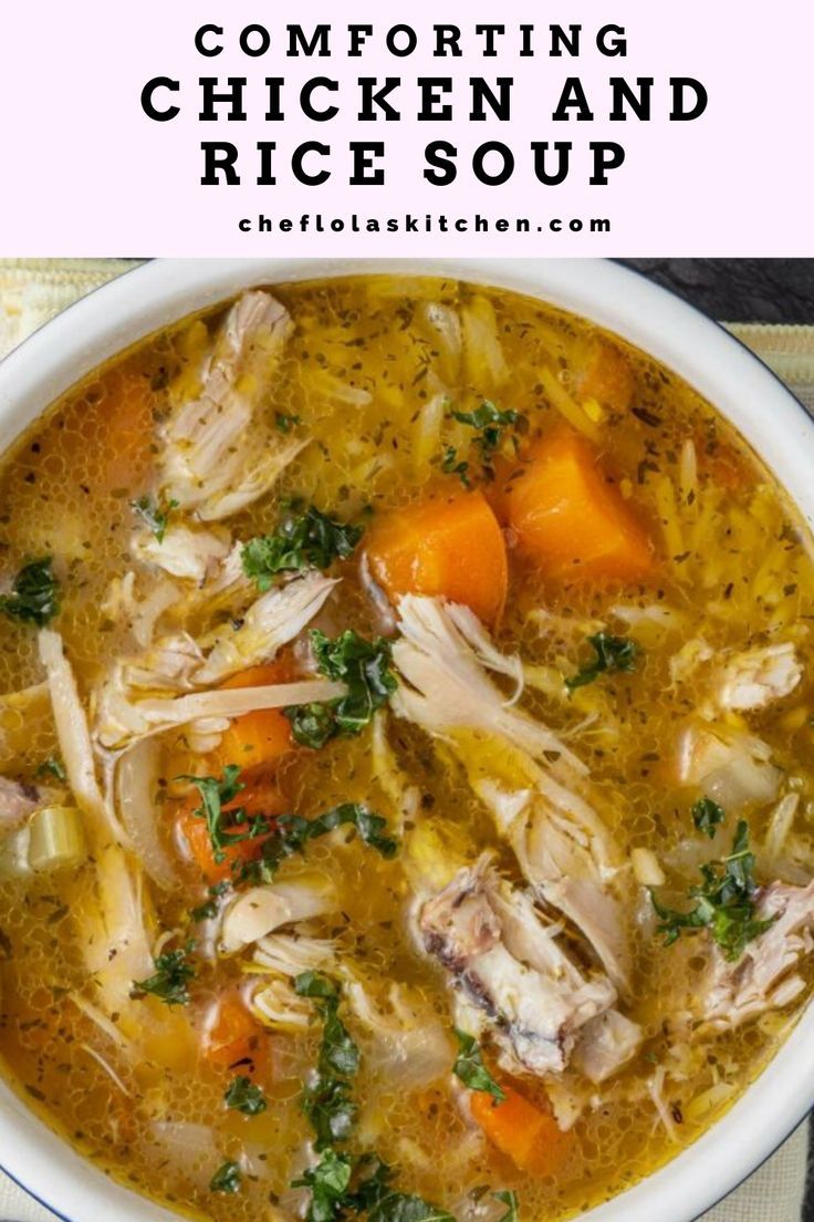 A bowl of chicken and rice soup Easy Chicken And Rice Soup, Homemade Chicken And Rice, Chicken Soup Recipes Homemade, Easy Chicken And Rice, Chicken Rice Soup, Homemade Soup Recipe, Comfort Soup, Delicious Soup Recipes, Soup Dinner