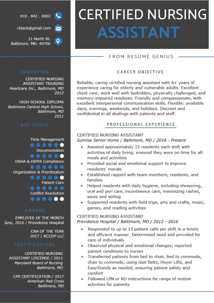 a professional nurse resume is shown in blue and gray colors, with the words certified nursing assistant