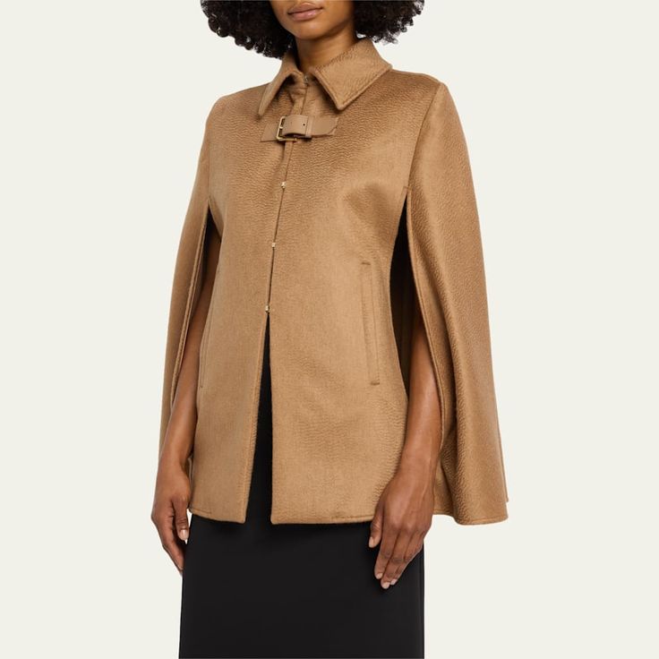 Max Mara "Obliqua" cape in virgin wool, cashmere, and leather Wing collar  Adjustable frame buckle  Hook-eye closures  Cape sleeves; buttons on cuffs  Slip pockets  Dry clean Made in Italy Luxury Wool Cape For Winter, Luxury Wool Winter Cape, Classic Wool Cape For Fall, Formal Wool Cape Outerwear, Wool Cape For Formal Occasions, Elegant Wool Cape For Fall, Elegant Cashmere Winter Cape, Elegant Wool Capelet For Winter, Luxury Cape For Fall