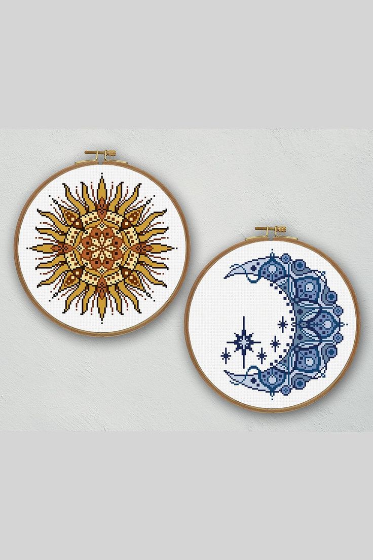 Set of Moon and Sun cross stitch pattern Cross Stitch Celestial, Intricate Cross Stitch, Cross Stitch Patterns With Color Chart, Sun And Moon Cross Stitch Pattern, Celestial Cross Stitch Patterns, Embroidery Sun And Moon, Astrology Cross Stitch, Black Aida Cross Stitch, Celestial Cross Stitch