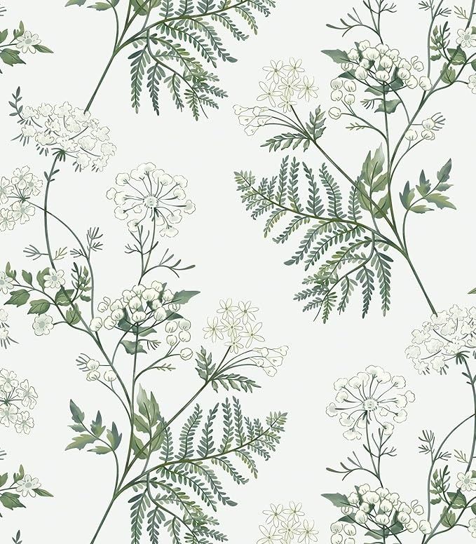 a floral wallpaper with white flowers and green leaves