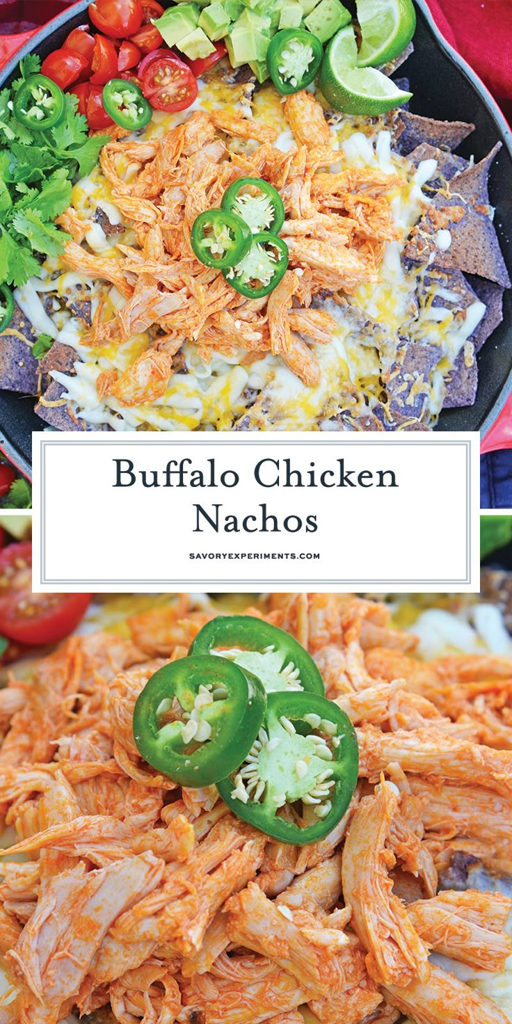 buffalo chicken nachos in a skillet with peppers and jalapenos