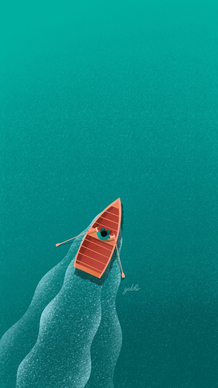 an aerial view of a small boat in the middle of the ocean, with its oars sticking out