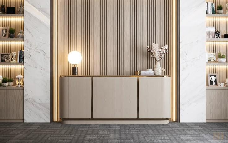 an empty room with shelves and vases on the wall, along with marble flooring