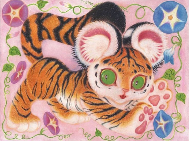 a drawing of a tiger laying on top of a pink ground with flowers around it